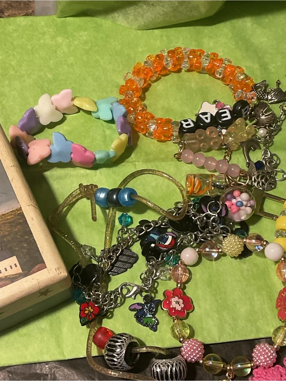 Colorful Mixed Children Bead and Silvertone bracelets, cord Necklaces